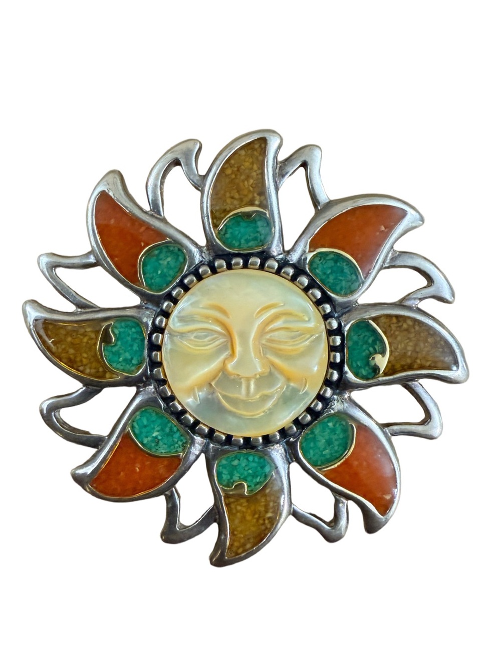 Carolyn pollack Sun vintage brooch pendant. 925 sterling silver, Mother-of-pearl